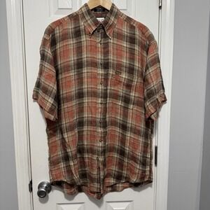 Faconnable Shirt Short Sleeve Men's L Large 100% Linen Made In USA Orange‎ Plaid